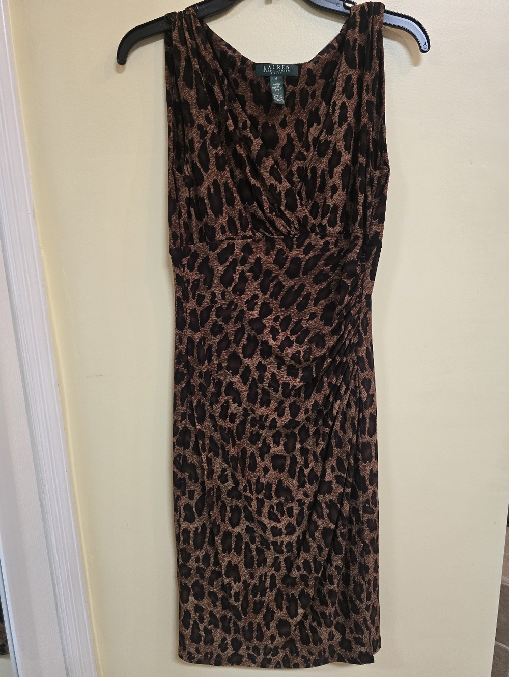 Ralph Lauren Womens Leopard Print Sleeveless Ruched Sheath Jersey Career Dress 6 - Picture 3 of 6